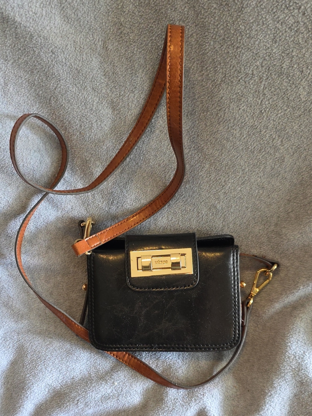 Black Leather Crossbody Shoulder Bag with Brown Strap